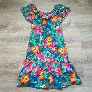 HILO HATTIE Vintage Vibrant Tropical Hawaiian Floral Off Shoulder Ruffle Dress
